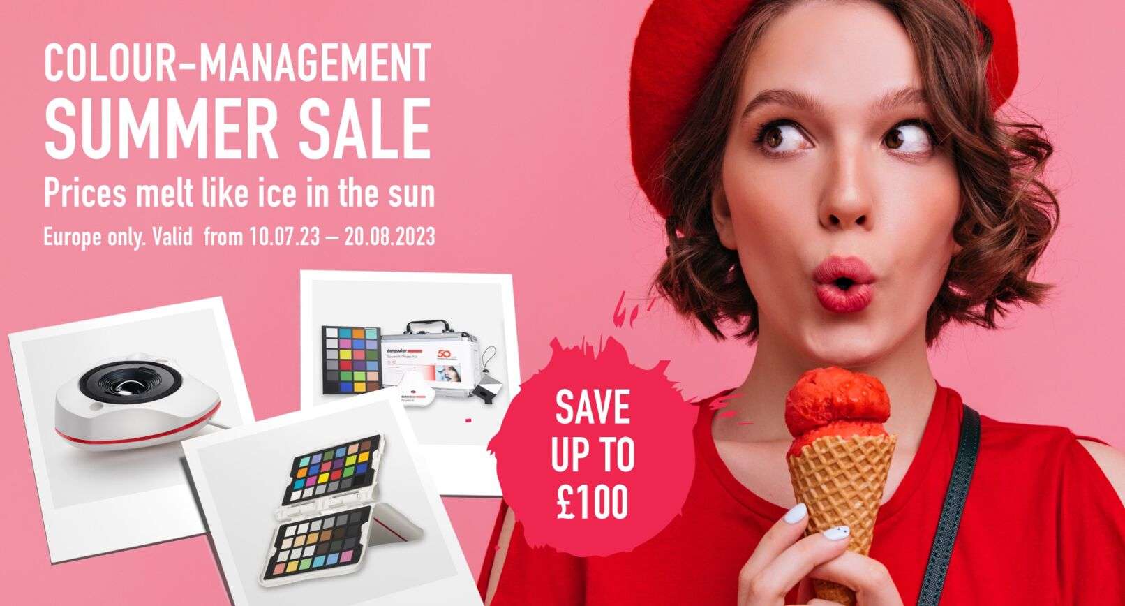 Datacolor Sale Datacolor Calibration Sale, pink backgroud, lady with ice cream showing product